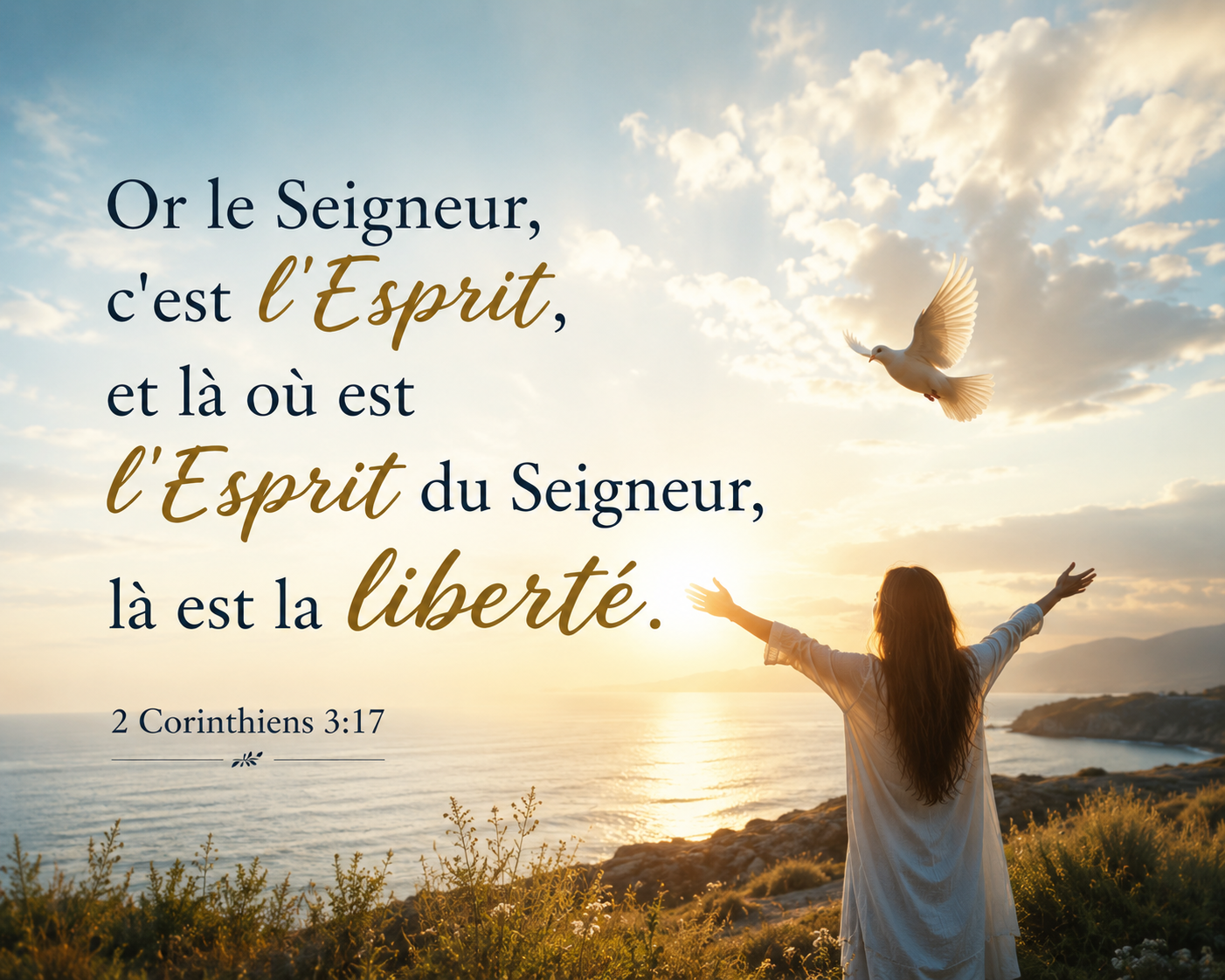 Femme levant les bras vers le ciel au bord de la mer au coucher du soleil avec le verset biblique 2 Corinthiens 3:17 : « Là où est l'Esprit du Seigneur, là est la liberté ».