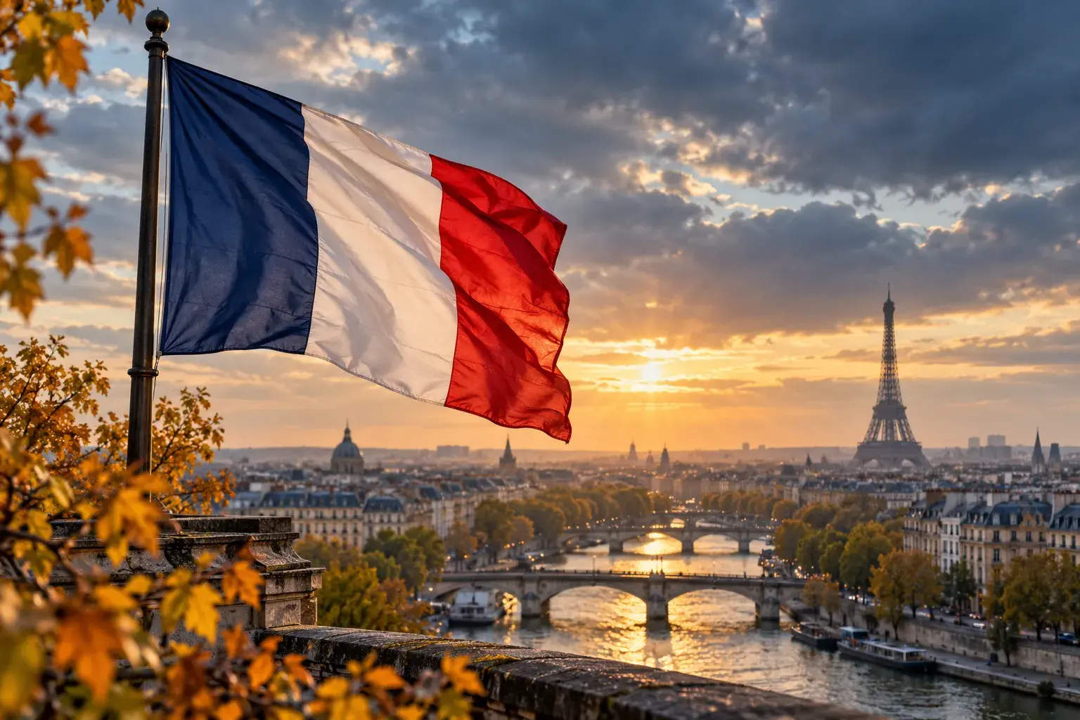 Drapeau français dominant Paris et la Seine sous un ciel nuageux traversé de lumière.